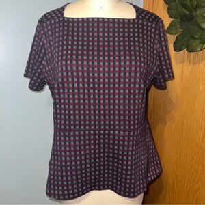 Ann Taylor XL Plaid Square Neck Peplum Top Short Sleeve Women's